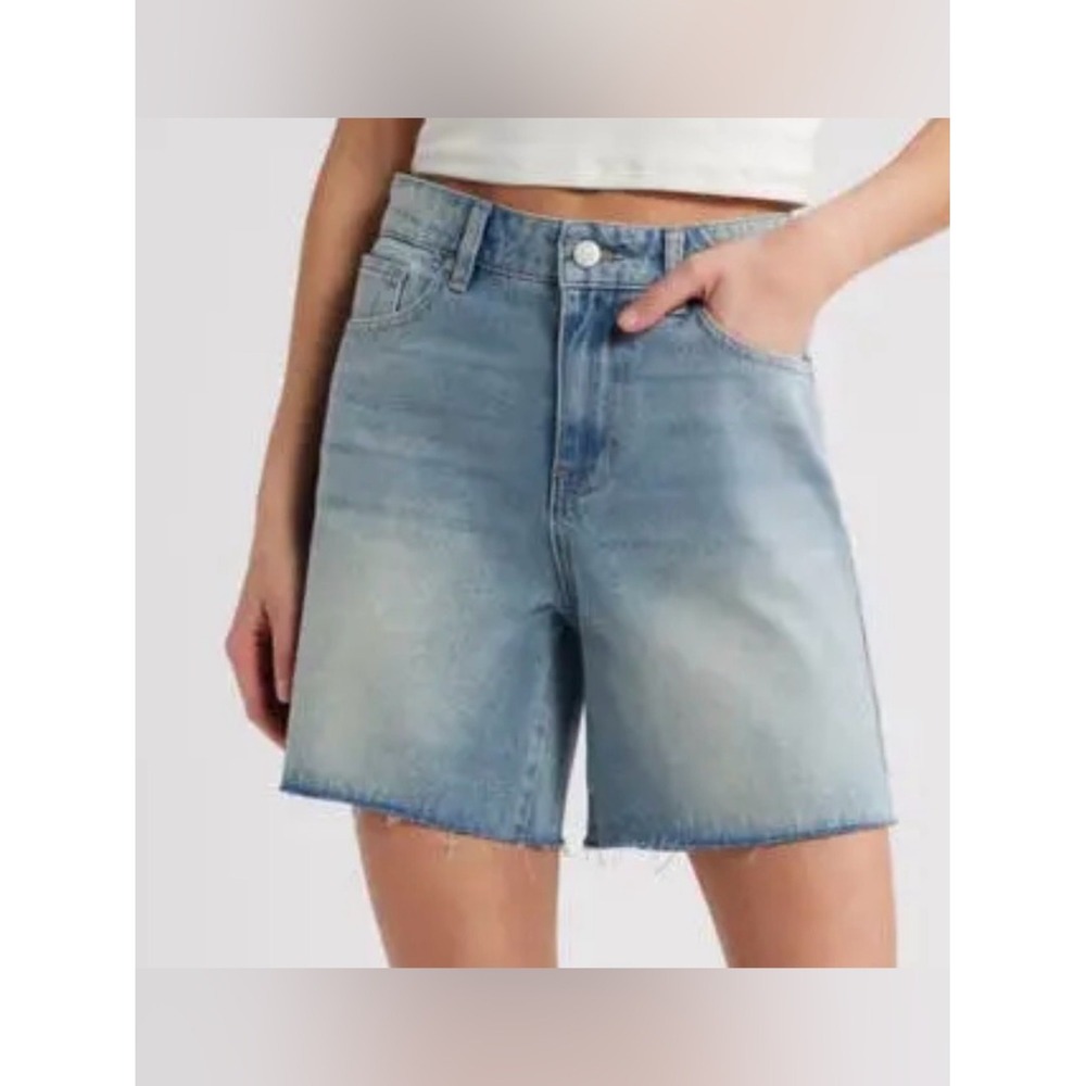 PTCL Womens High Waisted Denim Shorts Faded Indigo Decon Raw Hem Size 28 NEW‎